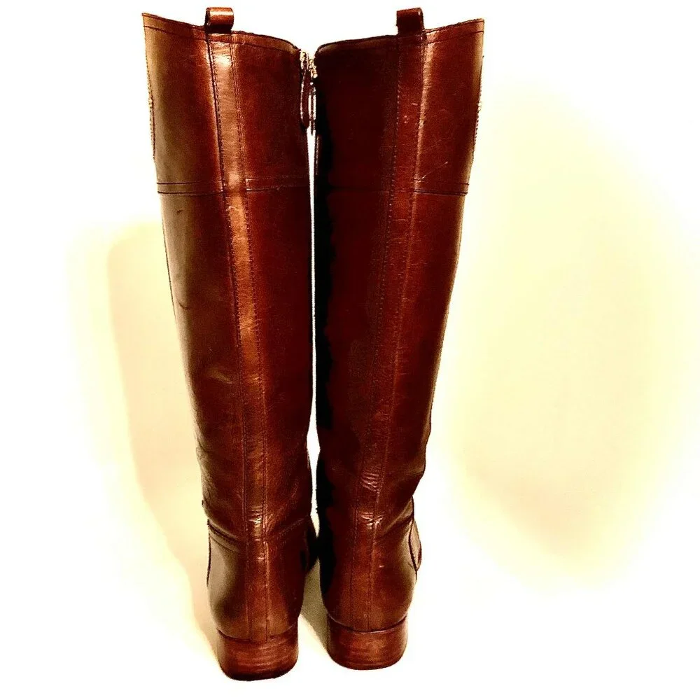 TORY BURCH Kiernan Leather Riding Boot Saddle Brown Gold Metal Logo 8.5 MSRP$450